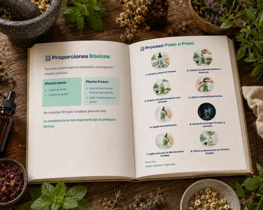 Interior de la guía: receta paso a paso de un extracto herbal